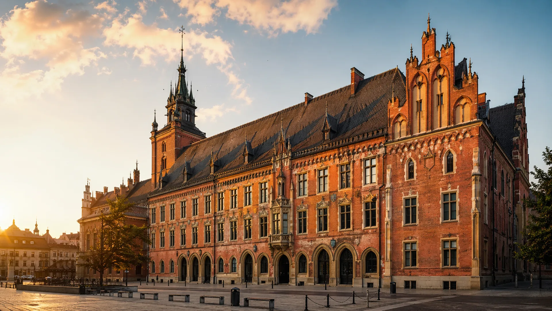 Collegium Novum Uniwersytetu Jagiellońskiego o zachodzie słońca